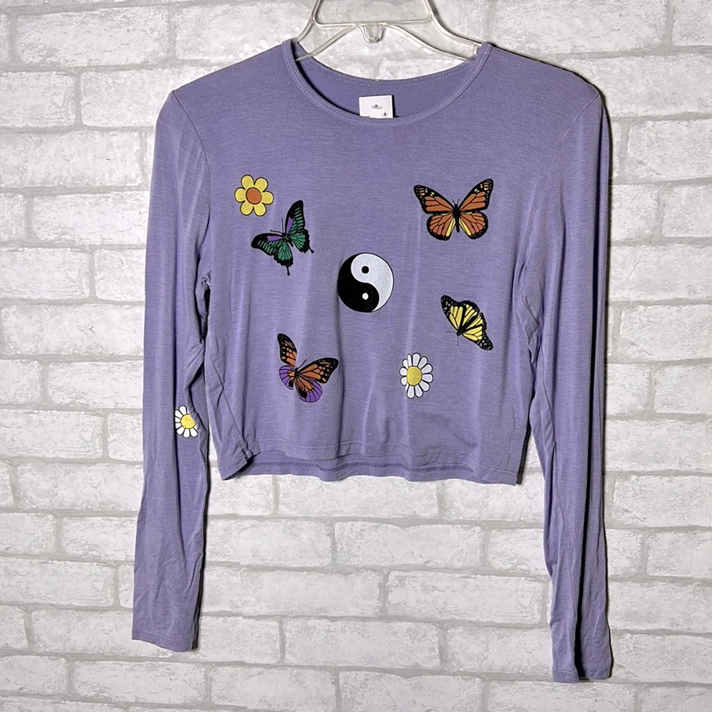 Ps/la purple butterfly floral printed long sleeve crop top size small